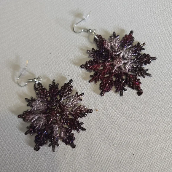 HANDCRAFTED Snowflake Earrings HANDPAINTED HANDMADE Shimmery Holiday Jewelry - Picture 8 of 11